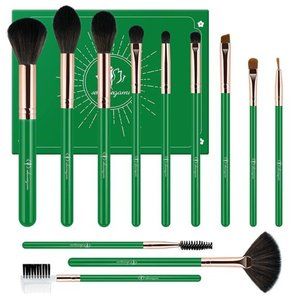 12pcs Deep Green Make up Brush Powder Eye Shadows Brush Kit Wooden Handle